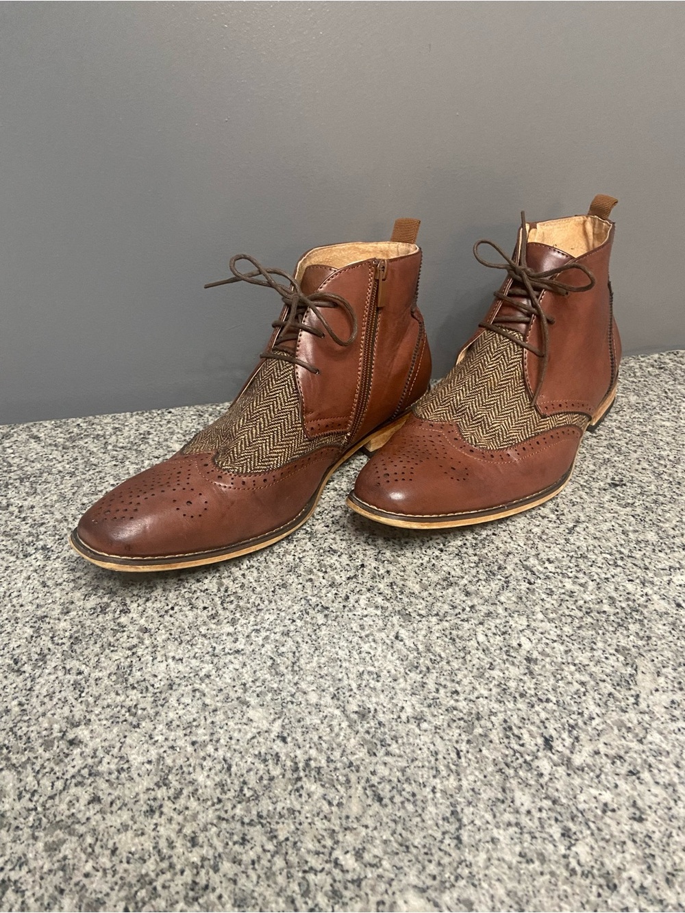 Gino Vitale Brown Leather Herringbone Tweed Brown Wingtip Brogue Chukka Boots 12
